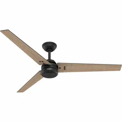 This HUNTER ceiling fan features a 60-inch blade diameter and a Matte Black/Walnut Stripe finish over a galvanized construction. It offers four speed settings for adjustable airflow and does not include a light kit. Suitable for medium to large office spaces requiring decorative air circulation.