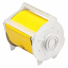 Continuous label roll for thermal transfer printing, 4 1/4 in x 25 ft, made of polyester with a yellow gloss finish rated for outdoor use. Features magnetic adhesive for temporary attachment to ferrous surfaces. Compatible with GlobalMark printer series. Used for industrial asset identification, safety signage, and temporary marking in harsh environments.
