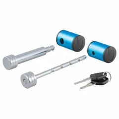 This receiver lock is constructed from chrome-plated aluminum in a silver finish. It includes two keys and is designed to secure a trailer hitch receiver in towing applications for trailers, campers, and utility equipment.