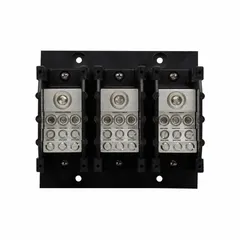 Open-type power distribution block with aluminum construction, designed for surface mounting. Features lug-to-lug connections and accepts line side wire sizes from 6 AWG to 350 kcmil. Used to distribute power from a single input to multiple outputs in control panels and switchgear.