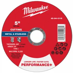 General-purpose cut-off wheel for carbon and stainless steel. Type 1 design, 5-inch diameter, 0.045-inch thickness, 7/8-inch arbor. Aluminum oxide abrasive, 46 grit. Suitable for metal fabrication, maintenance, and repair tasks.