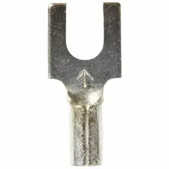 Non-insulated fork terminal for #6 stud size, accepting 22 AWG to 18 AWG wire. Block fork design rated for 600 V. Used in electrical connections for control panels, industrial machinery, and power distribution.