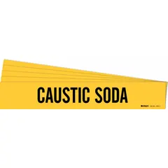 Yellow adhesive pipe marker with black legend reading 'Caustic Soda'. Fits pipe outer diameters from 2-1/2 to 7-7/8 inches. Supplied without arrows. Pack of 5 markers for identifying caustic soda lines in industrial piping systems.