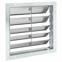 This wall-mount backdraft damper is designed for vertical mounting in ventilation systems to prevent reverse airflow when the fan is off. It features a single-panel, flat blade construction and handles horizontal airflow up to 2000 fpm. Suitable for commercial or industrial applications requiring one-way airflow control.