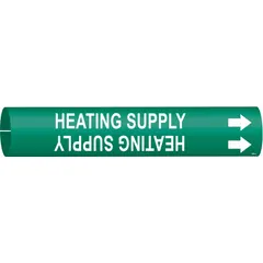 Green pipe marker with white legend 'Heating Supply' and directional arrows. Fits pipe outer diameters from 2-1/2 to 3-7/8 inches. Used to identify heating supply lines in piping systems for maintenance and safety.