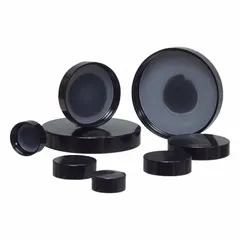 These 43 mm diameter screw-on caps are made of black polyethylene with a phenolic liner. Suitable for sealing standard lab bottles, providing a secure closure for chemical storage and sample handling. Supplied in a bulk pack of 1,404 closures.