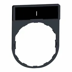Rectangular non-metallic plastic legend plate for 22 mm panel mounting. Features a red legend with white 'I' marking in English, indicating start/on function. Attaches via tab mechanism. Overall height 1 5/8 in, width 1 3/16 in. Used to label push-button switches in industrial control panels.