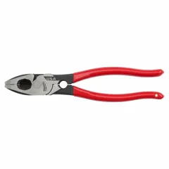 These 9-inch multipurpose lineman's pliers feature a flat jaw profile with 1 7/8 in jaw length, 1 1/4 in jaw width, and 5/8 in jaw thickness. The dipped grip provides comfort and control during gripping, twisting, and cutting wire in electrical and construction tasks. A built-in thread cleaner allows for cleaning threaded rods and bolts.