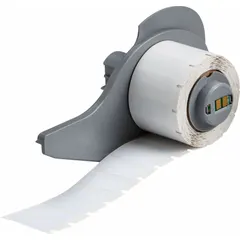 This precut label roll measures 1 inch by 3/8 inch and is made of white gloss polyester. It is rated for temperatures from -40°F to 356°F and is compatible with the Brady M710 printer series. Used for on-demand identification of industrial equipment and parts.