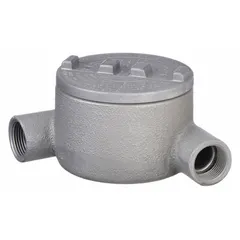 Aluminum conduit outlet body with powder-coated finish, 1/2 in trade size, threaded hubs, and female threads for use with threaded IMC. Includes cover and grounding screw. UL 886 listed for hazardous locations. Suitable for providing pull points and access in conduit systems.