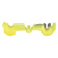 This T tap wire connector from 3M is designed for splicing or tapping 12 AWG solid or stranded copper wires without stripping insulation. It is rated for 600 V and accommodates a run size range of 12 AWG to 12 AWG. The connector is yellow and not moisture resistant. Typical applications include use in junction boxes, control panels, and electrical distribution systems.