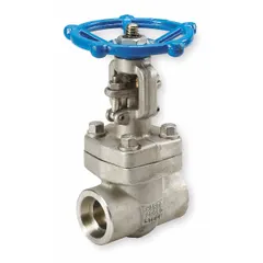This SHARPE gate valve features a 316L stainless steel body and bonnet with a 316 stainless steel wedge. It has a rising stem design, socket x socket connections, and a wheel operator. Rated at 1,120 psi CWP, it is suitable for on-off flow control in industrial piping systems.