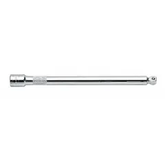This flex and wobble hand socket extension features a 1/4 in output drive size and chrome finish. It allows access to fasteners in tight or offset spaces where a straight extension cannot reach. Suitable for automotive repair, machinery maintenance, and assembly work.