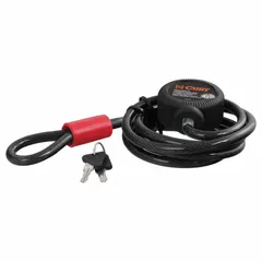 This adjustable-length cable lock features a 6 ft black vinyl-coated steel cable with a 3/8 in diameter. It uses a key locking mechanism to secure trailer hitches, equipment, or other items. Suitable for towing and general security applications where a flexible, portable lock is needed.