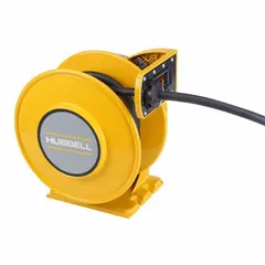 Hardwired self-retracting cord reel with 35 ft of 10 AWG SJO yellow cord. Features a ratchet lock mechanism to hold the cord at any desired length. The bare wire ending allows direct connection to junction boxes or equipment. Suitable for industrial and commercial environments requiring retractable power delivery.