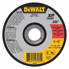 This DEWALT cut-off wheel is designed for cool cutting of carbon and stainless steel. It features a ceramic grain structure with 46 grit, reducing heat buildup and minimizing discoloration. The wheel measures 5 inches in diameter, 0.045 inches thick, with a 7/8-inch arbor. Suitable for metal fabrication and maintenance tasks.