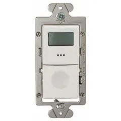 Digital pre-set countdown timer with a 4-hour minimum and 24-hour maximum timing range. Single-pole single-throw (SPST) switch configuration operates at 120/277V AC. White finish. No hold function included. Designed for timed control of lighting, fans, or other loads in commercial and industrial spaces such as conference rooms, restrooms, and storage areas.