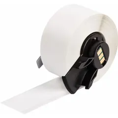 White cryogenic autoclavable polyester label roll, 1/2 in x 50 ft, rated for -321°F to 230°F. Designed for thermal transfer printing with the M610 printer series and M7-R4300 ribbon. Suitable for extreme-temperature identification in laboratory, medical sterilization, and industrial freezer applications.