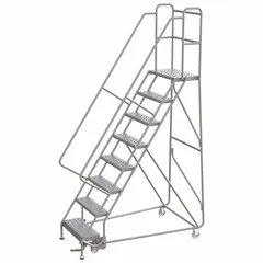 Assembled aluminum manual-lock ladder with a 6.7 ft platform height, gray finish, and perforated steps for traction. Includes handrails for user support. Suitable for elevated access in warehouses, stockrooms, and industrial facilities.