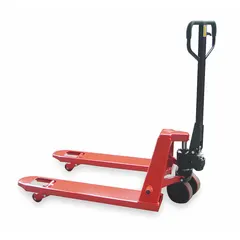 This general purpose pallet jack is constructed with steel forks measuring 42 inches in length and 21 inches in width, with an 8-inch width between forks. It is designed for moving palletized loads in warehouses, distribution centers, and industrial facilities, particularly in tight spaces where narrow forks are required.