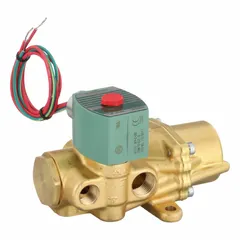 This REDHAT solenoid valve is a 4-way/2-position configurable type with a 3/8 in pipe size and 120V AC voltage. It features a watertight coil enclosure without a junction box. Typical applications include directional control of air or inert gas in pneumatic systems for double-acting actuators and cylinders.