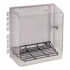 This clear polycarbonate cabinet is designed for wall-mounted storage of an automated external defibrillator (AED). It includes a thumb lock for secure access and is intended for visible, accessible placement in facilities where emergency medical equipment is needed.