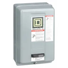 Enclosed non-reversing magnetic motor starter for starting and stopping three-phase motors. NEMA Size 00, rated 9 A, with 3 poles and a 110/120V AC coil. Features screw clamp terminals; requires three melting alloy thermal units (not included). Suitable for applications such as conveyors, pumps, and fans.