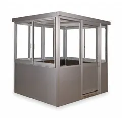 This PORTA-KING guard building is an assembled aluminum structure measuring 8 ft by 6 ft by 8 ft. It features five windows for visibility and does not include an air conditioning unit. Suitable for use as a security checkpoint or gatehouse in industrial and commercial settings.