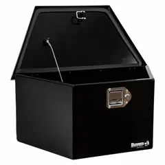 Steel A-frame tongue box in black finish with keyed lock and paddle handle latch. Overall depth 13 5/16 in, overall height 12 3/8 in. Mounts on trailer A-frame for secure storage of hitch accessories, tools, and safety gear.