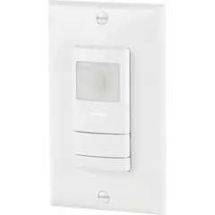 Hardwired occupancy sensor with integrated photocell for automatic lighting control. Supports fluorescent, incandescent, and LED loads up to 800W. Operates on 120 to 277V AC and does not require a neutral wire. Suitable for commercial and industrial spaces where occupancy-based and daylight-responsive switching is desired.