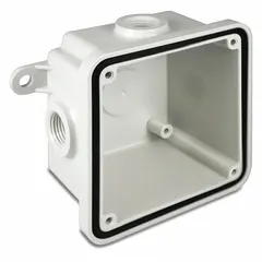 This weatherproof back box from FEDERAL SIGNAL is constructed of gray thermoplastic and measures 4 3/8 inches in overall width. It provides a protective enclosure for alarm and wall fixture covers in outdoor or damp locations, helping to shield electrical connections from moisture and debris. Compatible with model 450E-024.