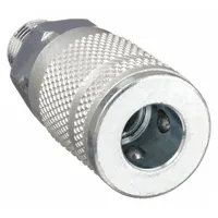 Steel quick-connect air coupling body with 1/4" male NPT thread and sleeve locking mechanism. Designed for pneumatic connections in industrial air systems, allowing secure attachment of hoses and tools