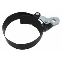This socket-driven filter wrench strap is constructed from spring steel and features a 1-1/2 in strap width with a 1/2 in drive size. It is designed for removing spin-on oil filters by wrapping the strap around the filter body and applying turning force with a ratchet or breaker bar