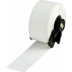 White gloss polyester continuous label roll for thermal transfer printing. Measures 1 in x 50 ft, halogen-free, and rated for outdoor use. Compatible with BMP61 printer series. Used for asset identification, cable marking, and general industrial labeling in demanding environments.