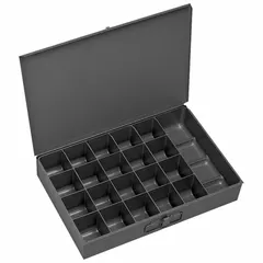 This small compartmented box in gray finish features 21 compartments (20 compartments each 2-3/16 in x 1-15/16 in) with no removable dividers. Designed for organizing small parts, hardware, and components in industrial workshops, maintenance facilities, and assembly lines. Compatible with DURHAM MFG model number 308.