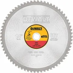 This 14-inch circular saw blade is designed for cutting ferrous metals in solid stock applications. It features 66 teeth, a 0.09-inch cut width, and a 1-inch arbor size, suitable for use in fabrication and construction tasks.