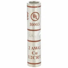 This butt splice connector is used to join two 2 AWG copper wires in electrical power distribution, industrial control panels, and heavy equipment wiring. It features a copper barrel with a brown color code, measures 1.88 inches in length, and accommodates a maximum wire size of 2 AWG. The open-barrel design allows easy wire insertion before crimping with die code 13461.