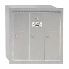 Vertical multi-unit mailbox with 3 front-access doors, surface mounting design, and lockable compartments. Measures 19 in H x 18 3/4 in W x 7 1/2 in D. Suitable for secure mail distribution in multi-tenant residential or commercial buildings.