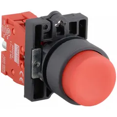 Momentary push button with extended profile for applications requiring extended reach or visibility. Non-metallic construction provides corrosion resistance and electrical isolation. 22 mm mounting hole, 1NC contact configuration.