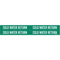 These adhesive pipe markers identify cold water return piping in facility systems. Each marker has a green background with white legend text reading 'Cold Water Return' and fits pipe outer diameters from 3/4 to 2-3/8 in. Supplied in a pack of 4 markers without arrows.
