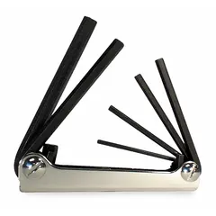 This folding hex key set contains one tool with six metric tips, featuring a black oxide finish. The short, standard-end design is suited for tightening or loosening hex socket screws in confined spaces. Common applications include mechanical assembly, maintenance, and repair tasks where portability and quick bit access are required.