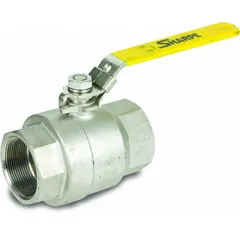 Straight valve body ball valve with 316 stainless steel construction and FNPT x FNPT connections. Features a locking lever handle and RPTFE seals for manual on/off flow control. Suitable for industrial piping systems requiring corrosion resistance.