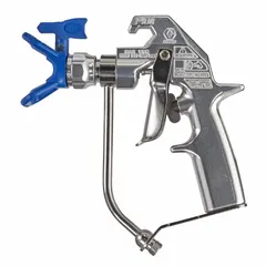 This GRACO airless spray gun features an aluminum body and a 1/4 in NPSM air inlet. It is designed for applying coatings in industrial finishing, maintenance, and protective coating tasks. The gun includes a RAC x HandTite Guard and has a 10 in to 10 in configuration.