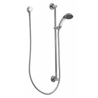 This MOEN Commercial Series handheld showerhead features a chrome finish and a 2.5 gpm flow rate. The 3 3/8 in wide handheld unit is constructed with metal and rubber. It includes a hose, mounting bracket, and slide bar for flexible positioning in commercial or institutional settings