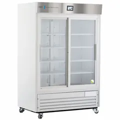 This 47 cu ft upright lab refrigerator provides a temperature range of 1°C to 10°C for general purpose storage of temperature-sensitive materials. It features a sliding glass door for easy access and a door ajar alarm. Uses R-290 refrigerant. Overall depth is 33 1/4 inches.