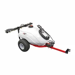 This tow-behind sprayer is designed for ATV and UTV trailers, featuring a 50-gallon tank and a maximum pressure of 45 psi. Suitable for garden and agricultural applications such as spraying fertilizers, herbicides, and pesticides on large properties, pastures, and crops.