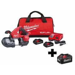 This cordless band saw has a 35 3/8 in blade length and provides a maximum cutting length of 3 1/4 in and a maximum cutting width of 3 1/4 in. It features a dual trigger for enhanced control. Suitable for cutting metal, conduit, and pipe in construction, plumbing, and electrical applications.