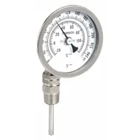 This dial thermometer features a 3-inch dial and 2.5-inch stem, with a temperature range of 0 to 250 °F / -20 to 120 °C. Accuracy is ±1% from 41 to 200 °F and ±1.5% otherwise. Designed for side- or bottom-mount fixed-angle thread-mount installation, it is suitable for measuring temperature in pipes or tanks in industrial processes and HVAC systems