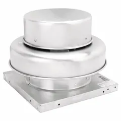 Assembled direct-drive fan with square base for roof mounting. Includes drive package, open air over motor, and 10 1/2 in wheel. Operates at 115V AC with three speeds, delivering exhaust airflow up to 1,999 cfm at low static pressures. Suitable for general ventilation in commercial or industrial spaces.