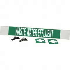 Green fiberglass carrier-mounted pipe marker with white legend reading 'Waste Water Effluent'. Designed for pipes with outer diameter of 8 inches and larger. Includes directional arrows. Suitable for identifying waste water effluent lines in industrial piping systems.